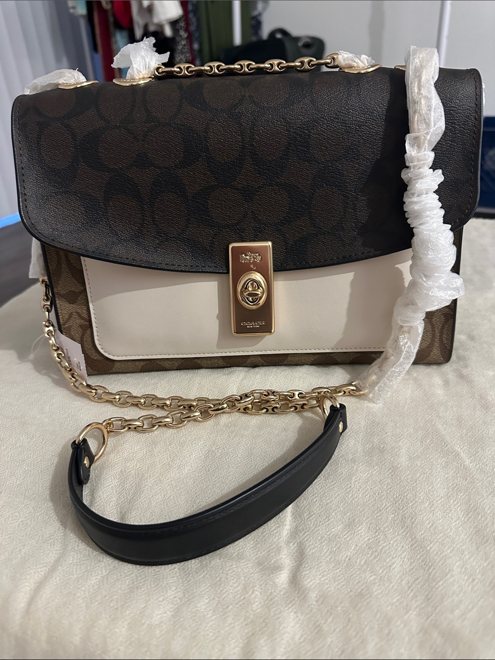 Coach Signature Colorblock Turnlock Shoulder Bag in Brown, Cream and Black